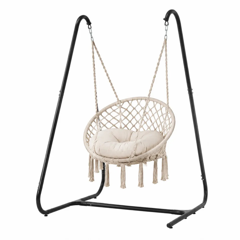 Hängesessel aus Baumwolle mit Stahlgestell, Beige, Durchmesser 80 cm