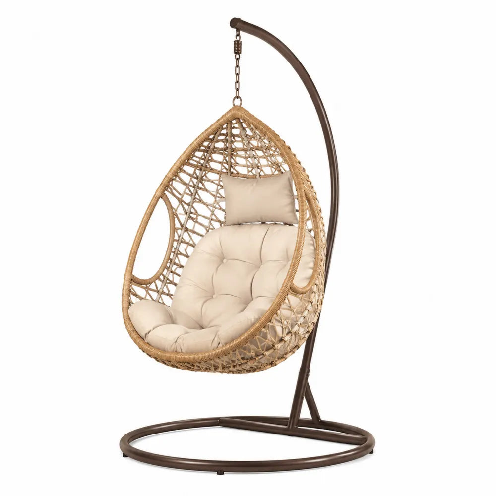 Hängesessel Polyrattan Beige mit Metallständer und Kissen