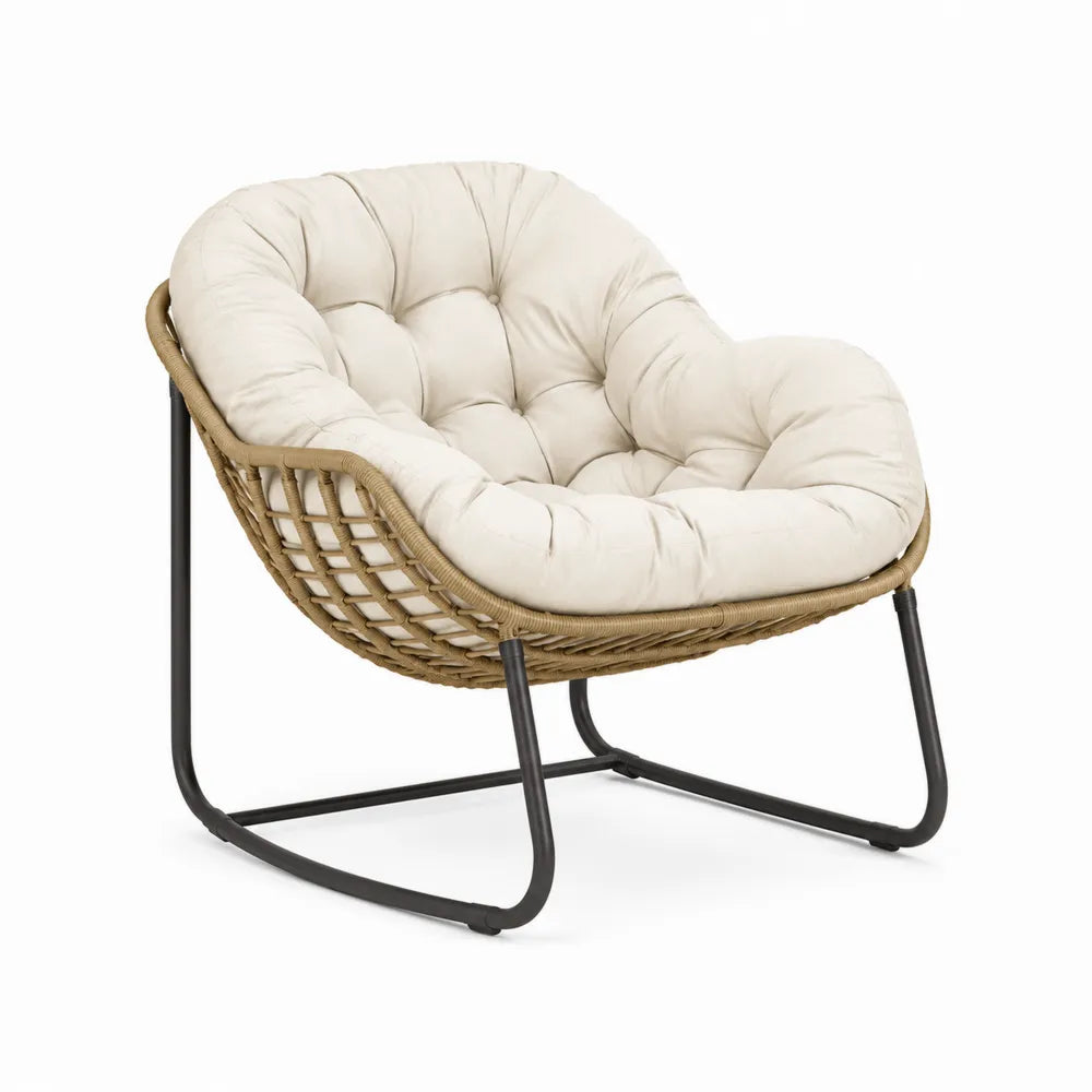 Rattan-Stuhl mit Polyesterkissen und Stahlrahmen in Creme
