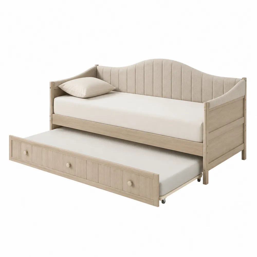 Holz-Tagesbett mit Ausziehbett, Polyestergewebe, Beige, 200x90cm